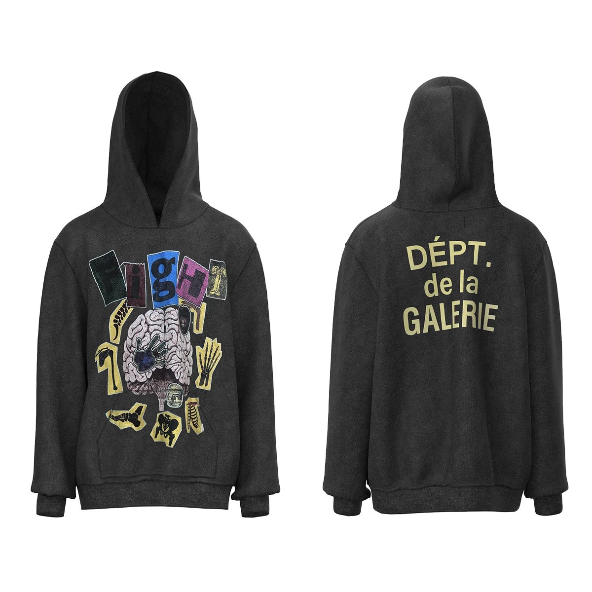 American retro distressed brain print casual loose hooded sweatshirt for men and women.