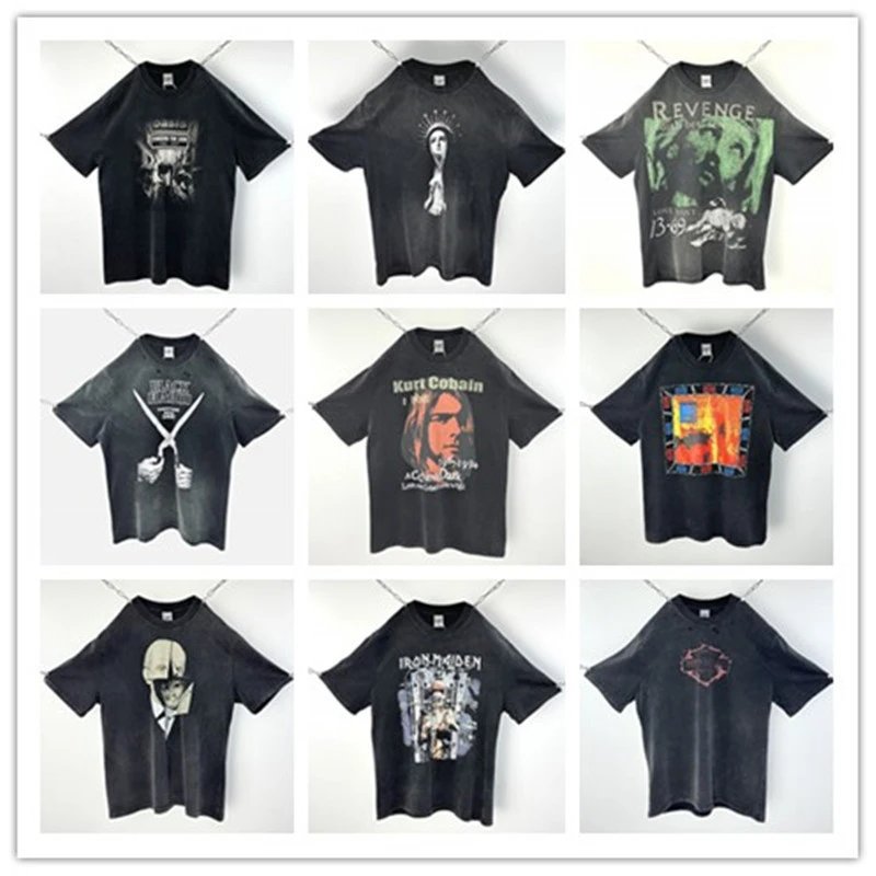 American high street heavyweight washed, distressed, handmade distressed printed loose casual short sleeves