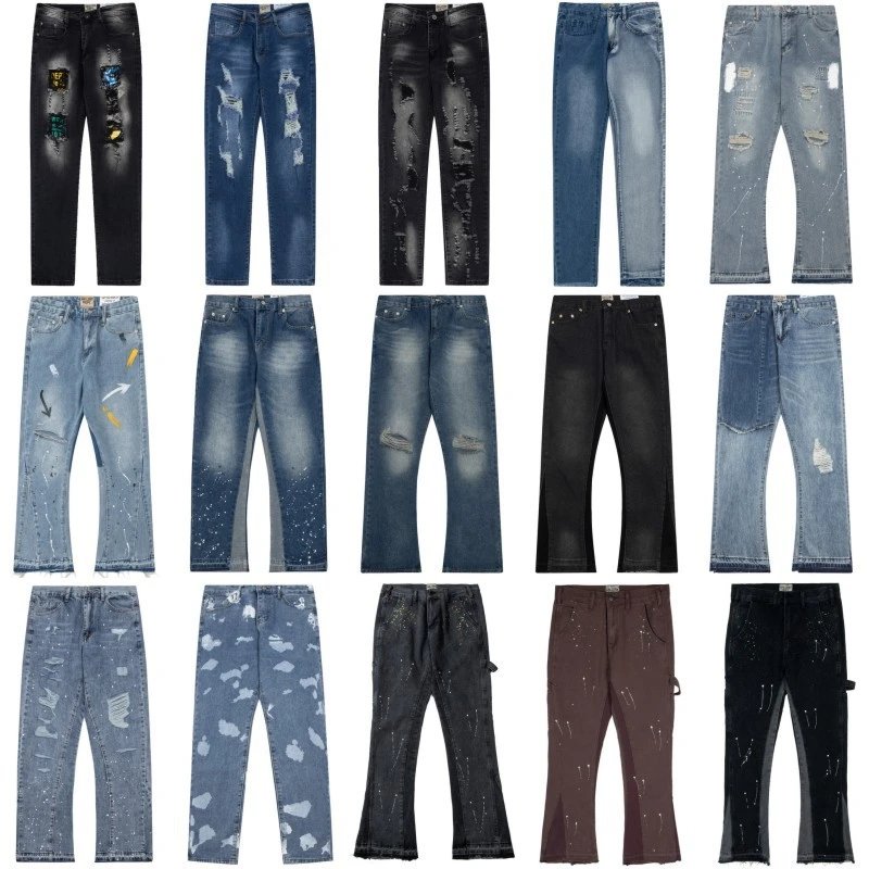 Men's ripped, splash-ink jeans style loose straight high street long trousers