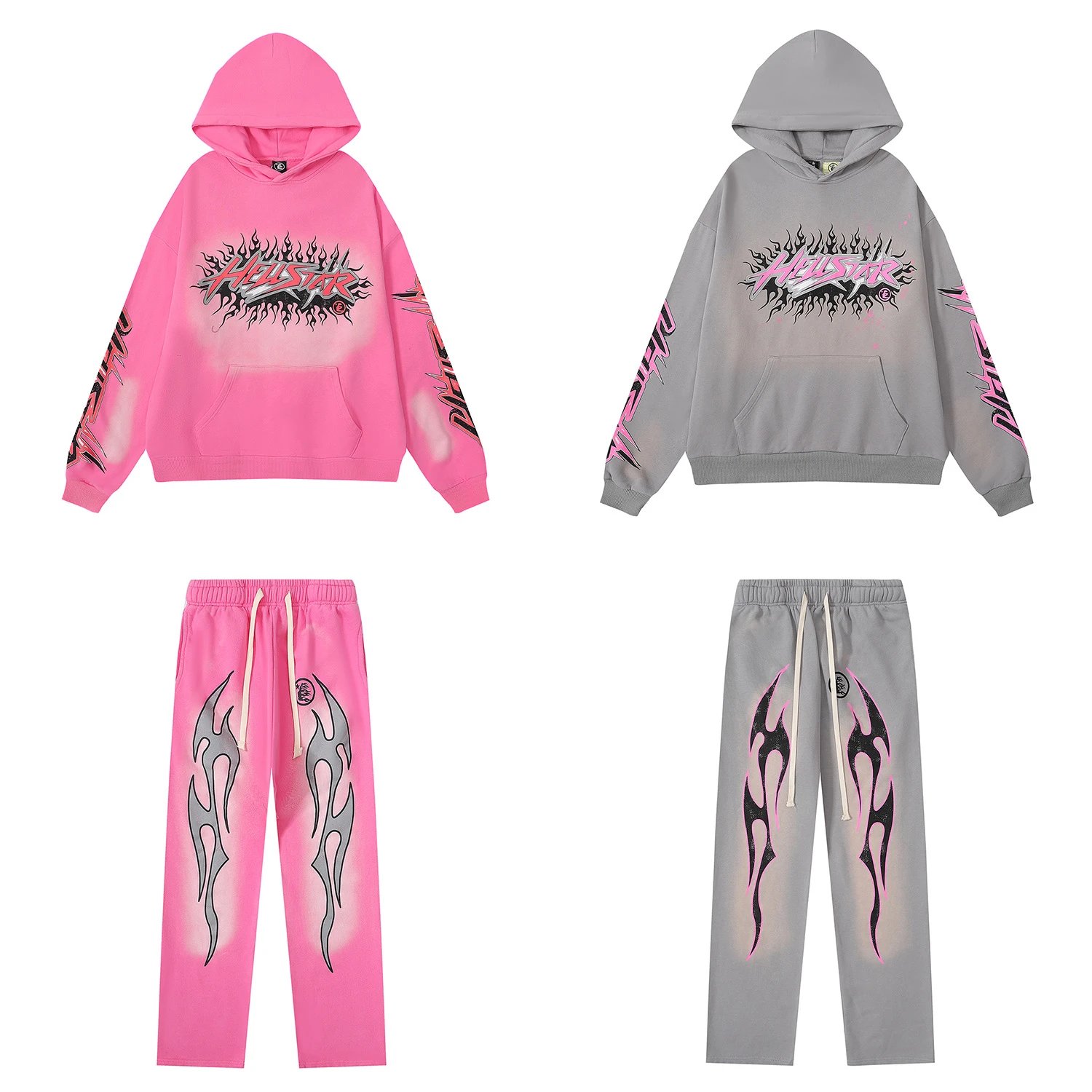 American street retro mud print washed old pink loose hooded sweatshirt for men and women same style hoodie set