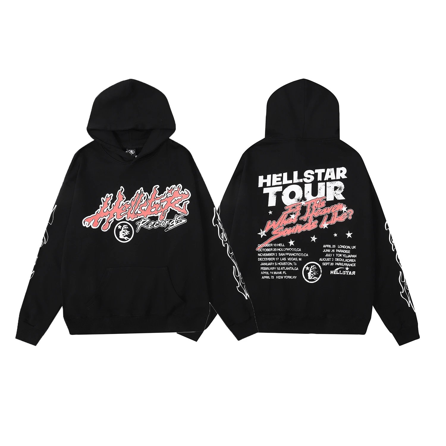 American street unicorn arm flame print washed and distressed loose hooded sweatshirt hoodie set